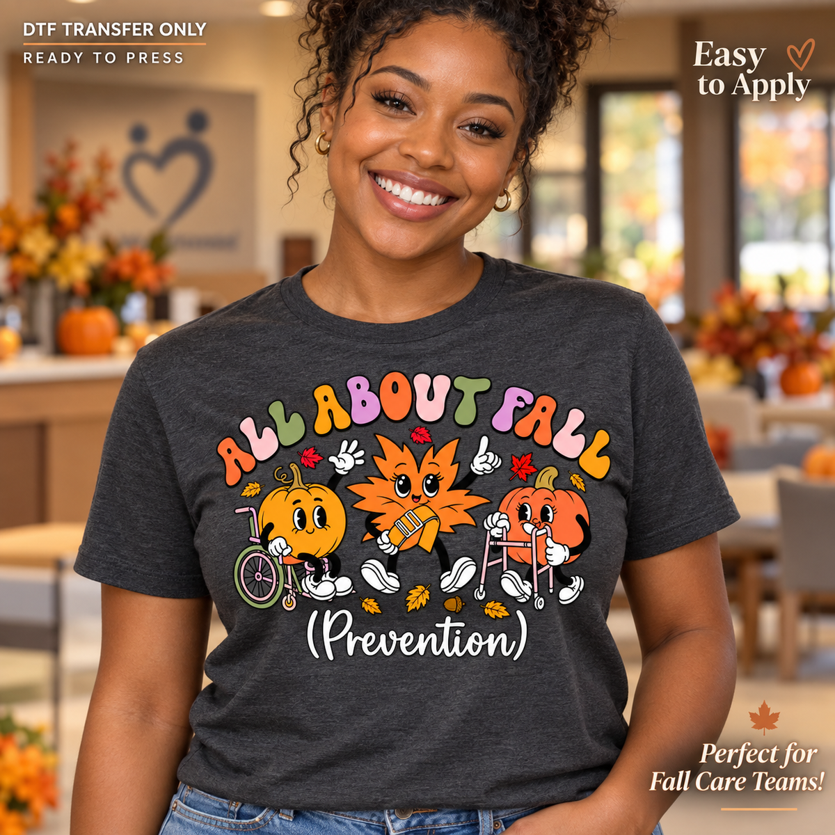 Woman in a charcoal shirt displaying All About Fall Prevention lettering with cartoon pumpkins, a leaf, and medical-themed accents.