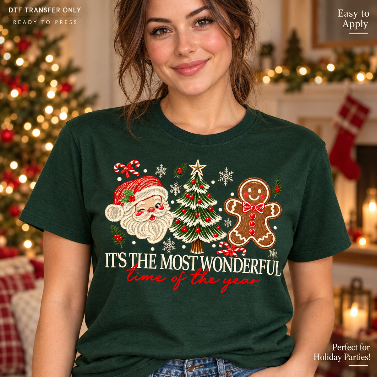 Woman in a dark green shirt displaying Santa, a Christmas tree, a gingerbread figure, and It’s the Most Wonderful Time of the Year lettering.