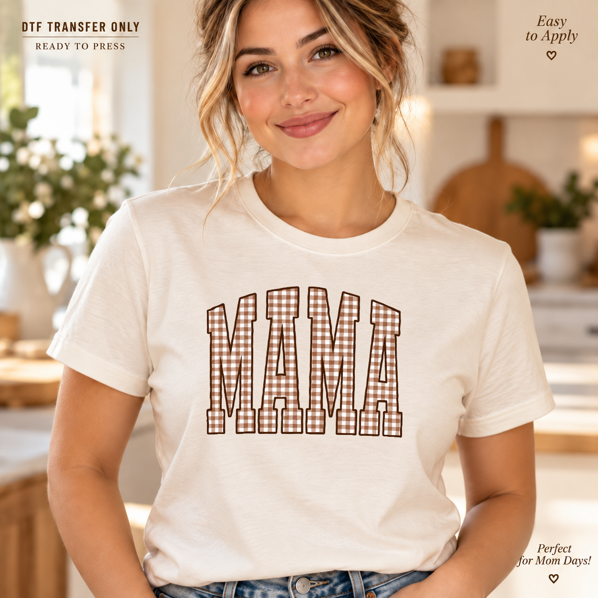 Woman in a cream shirt displaying tall MAMA block lettering filled with a brown and cream plaid pattern.
