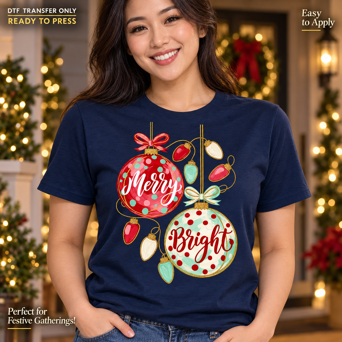 Woman in a navy shirt displaying red and cream ornaments with Merry and Bright script, bows, and colorful Christmas lights.