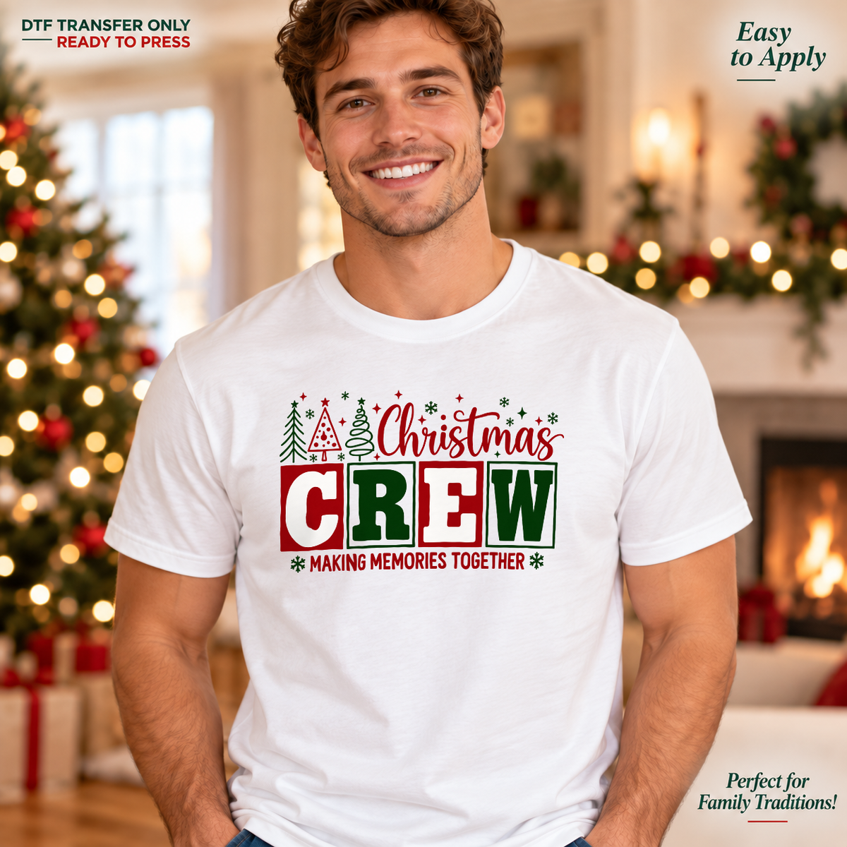 Man in a white shirt displaying red and green Christmas Crew lettering, trees, stars, and Making Memories Together text.