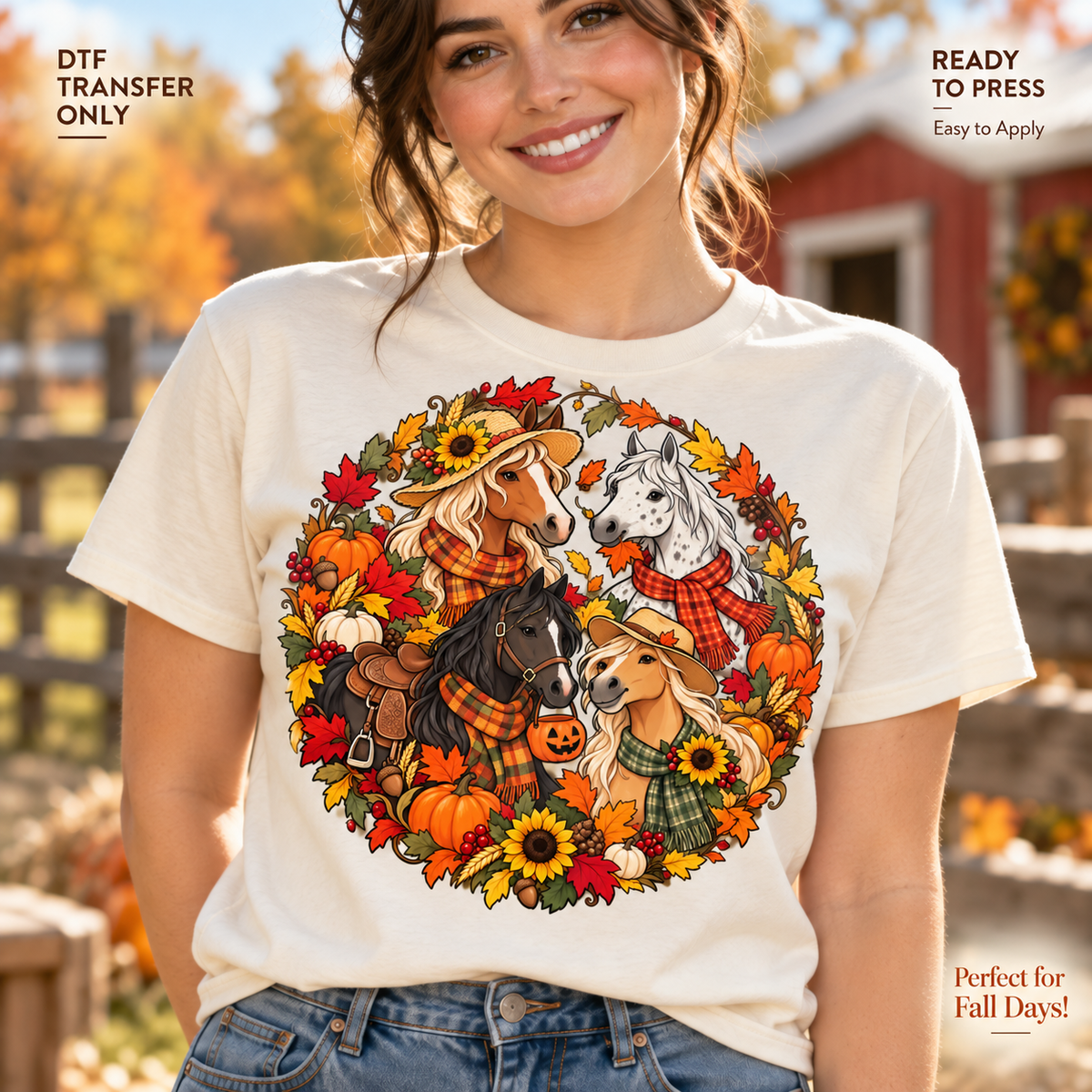 Lifestyle mockup of a woman wearing a cream shirt showing Horses wearing plaid scarves in a round arrangement of pumpkins, sunflowers, and fall leaves. DTF transfer only; shirt not included.