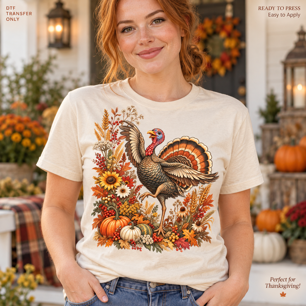 Lifestyle mockup of a woman wearing a cream shirt showing Detailed turkey beside sunflowers, wheat, pumpkins, and harvest foliage. DTF transfer only; shirt not included.
