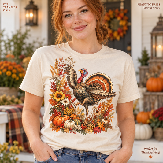 Lifestyle mockup of a woman wearing a cream shirt showing Detailed turkey beside sunflowers, wheat, pumpkins, and harvest foliage. DTF transfer only; shirt not included.
