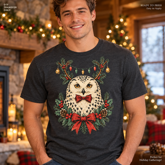 Lifestyle mockup of a man wearing a charcoal shirt showing Cream owl with ornament-decorated antlers, red bow tie, evergreen sprigs, and holly. DTF transfer only; shirt not included.