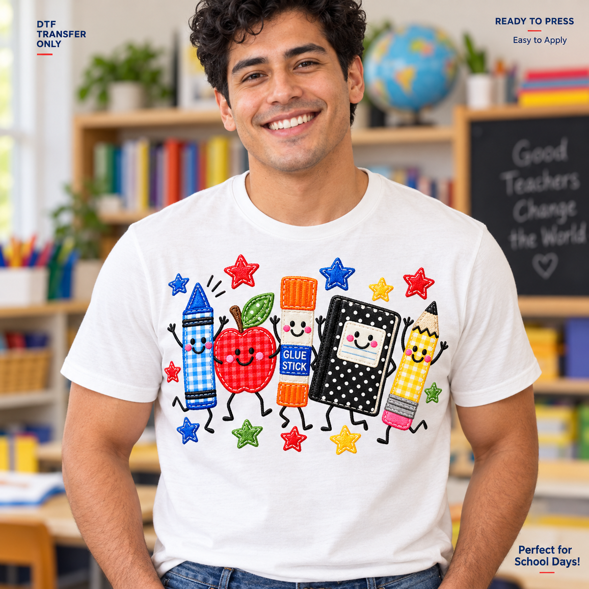 Lifestyle mockup of a man wearing a white shirt showing Smiling crayon, apple, glue stick, notebook, and pencil with colorful stars. DTF transfer only; shirt not included.
