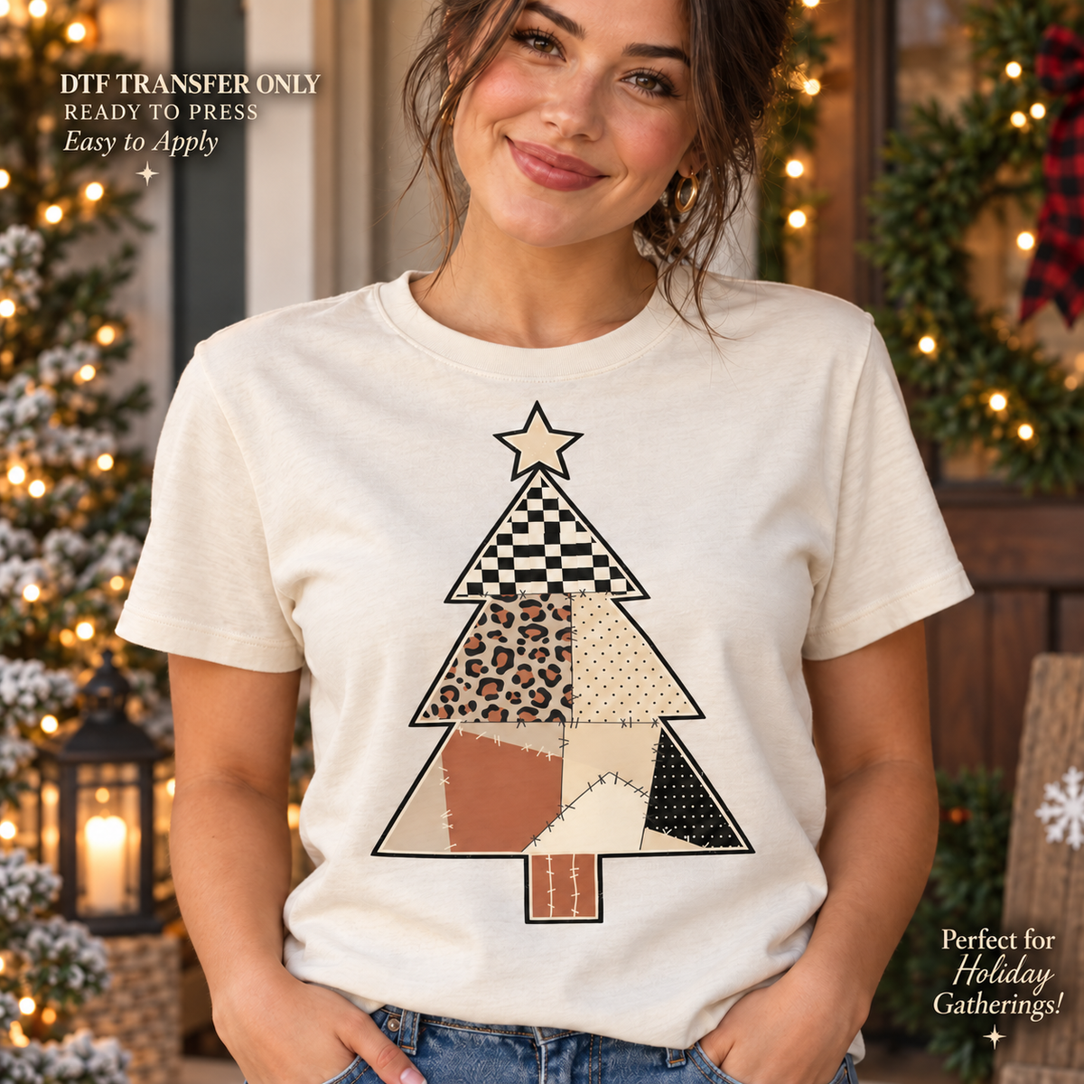 Lifestyle mockup of a woman wearing a cream shirt showing Star-topped Christmas tree divided into checkerboard, leopard, and neutral patchwork panels. DTF transfer only; shirt not included.