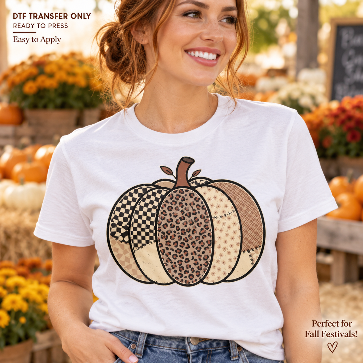Lifestyle mockup of a woman wearing a white shirt showing Pumpkin with checkerboard, leopard, and tan patchwork sections. DTF transfer only; shirt not included.