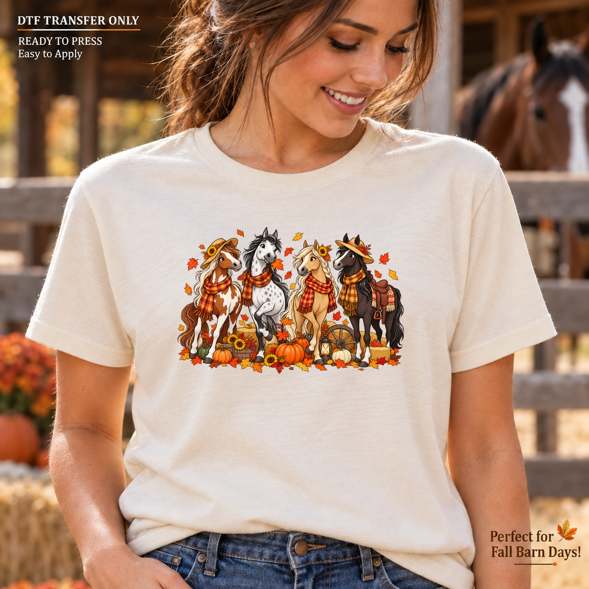 Lifestyle mockup of a woman wearing a cream shirt showing Lineup of horses in fall scarves with pumpkins, sunflowers, and autumn leaves. DTF transfer only; shirt not included.