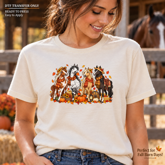 Lifestyle mockup of a woman wearing a cream shirt showing Lineup of horses in fall scarves with pumpkins, sunflowers, and autumn leaves. DTF transfer only; shirt not included.