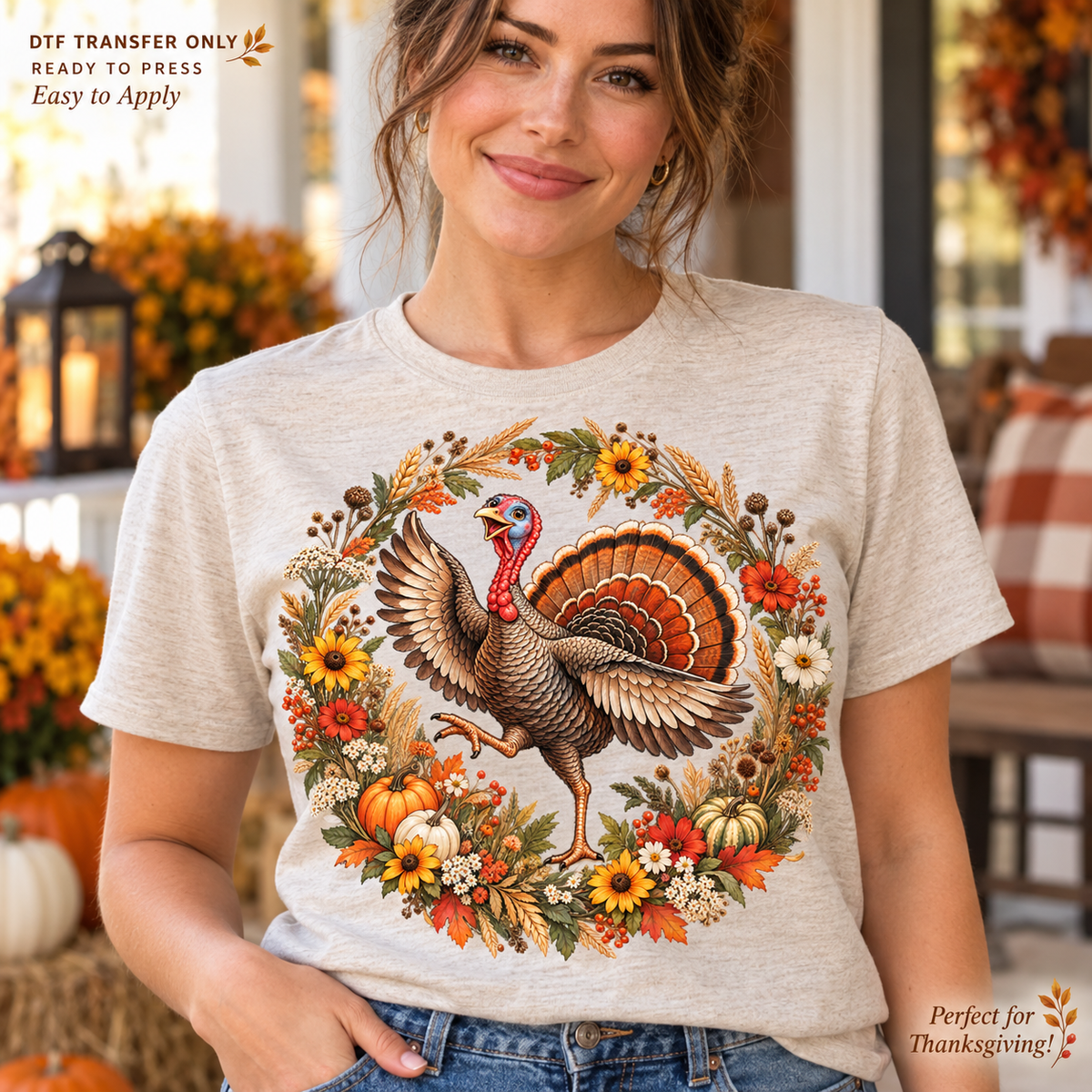 Lifestyle mockup of a woman wearing a heather grey shirt showing Turkey in a round wreath of sunflowers, pumpkins, flowers, and fall greenery. DTF transfer only; shirt not included.