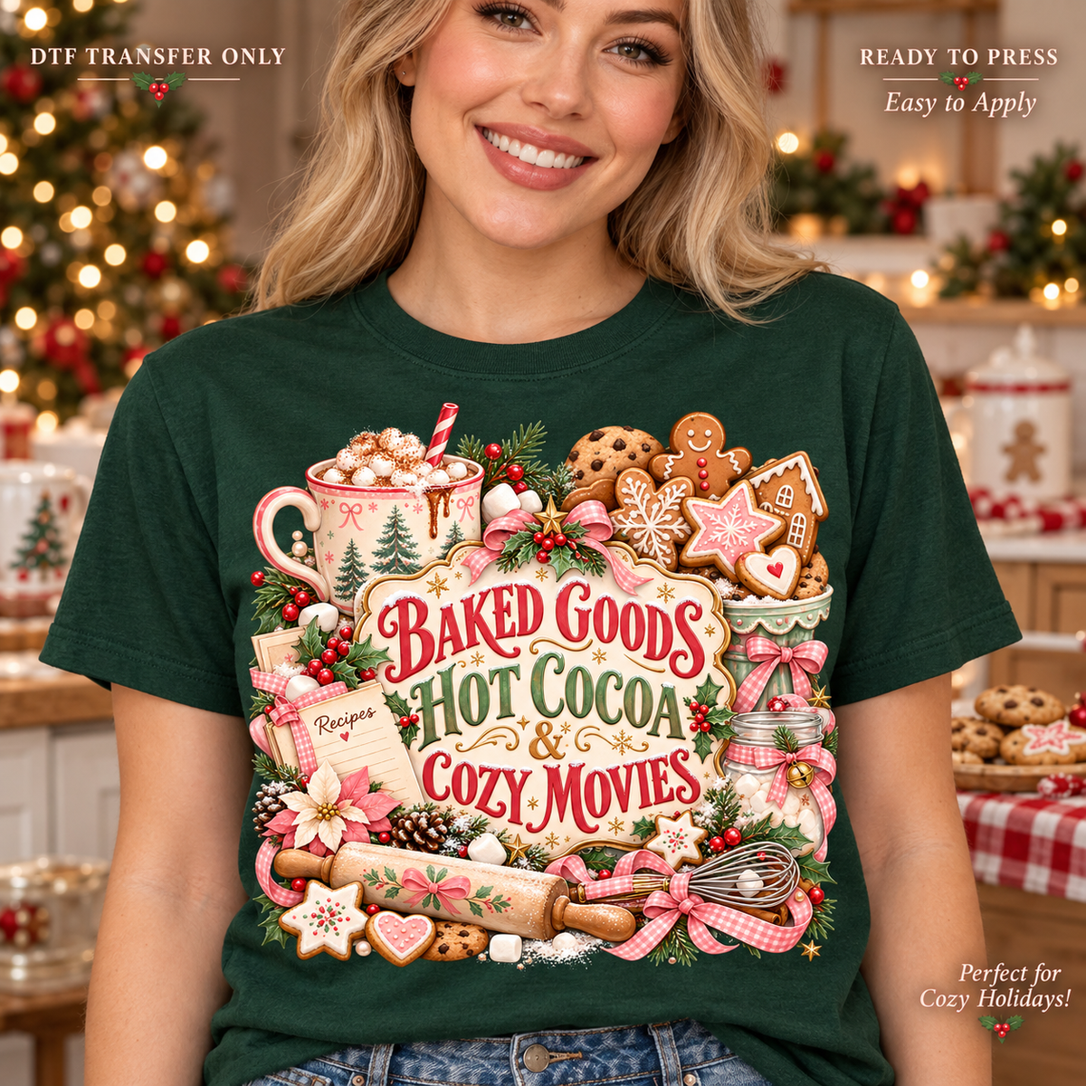 Lifestyle mockup of a woman wearing a dark green shirt showing Baked Goods Hot Cocoa and Cozy Movies message with Christmas cookies, cocoa, greenery, and pink bows. DTF transfer only; shirt not included.