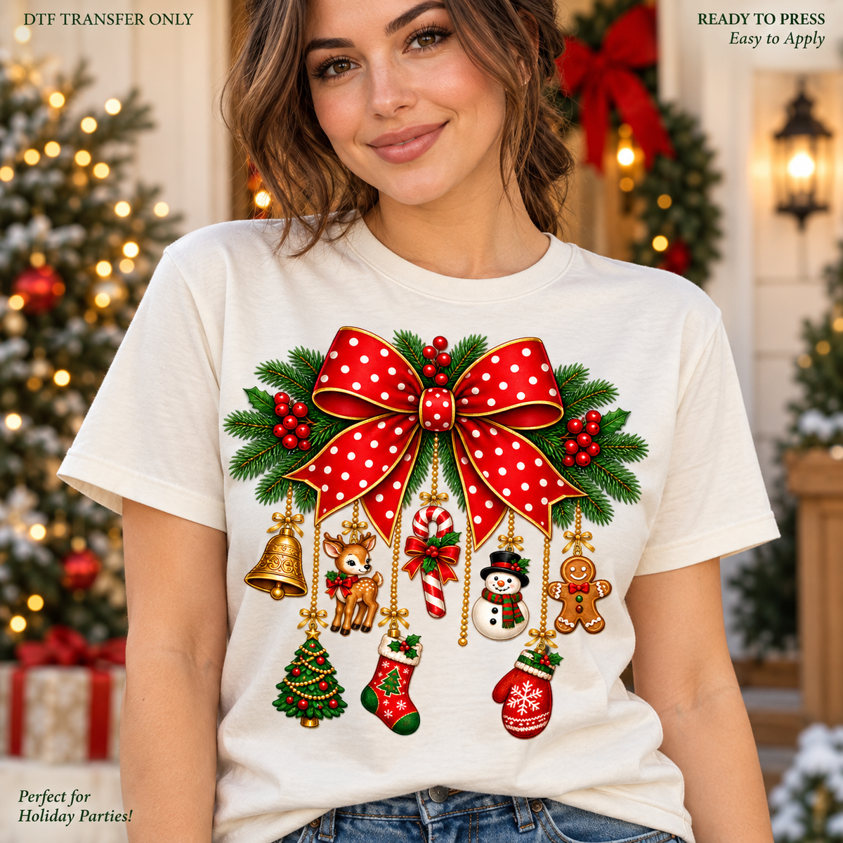 Lifestyle mockup of a woman wearing a cream shirt showing Red polka dot Christmas bow with evergreen branches and hanging bells, ornaments, and holiday characters. DTF transfer only; shirt not included.