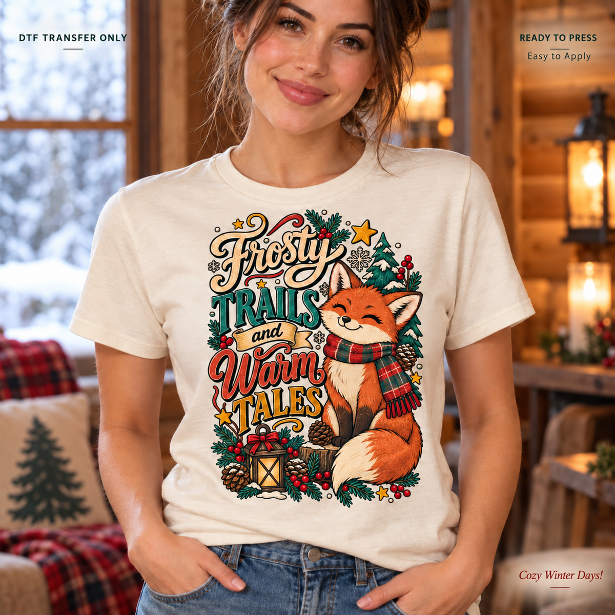 Lifestyle mockup of a woman wearing a cream shirt showing Frosty Trails and Warm Tales lettering with an orange fox in a plaid scarf, presents, and greenery. DTF transfer only; shirt not included.