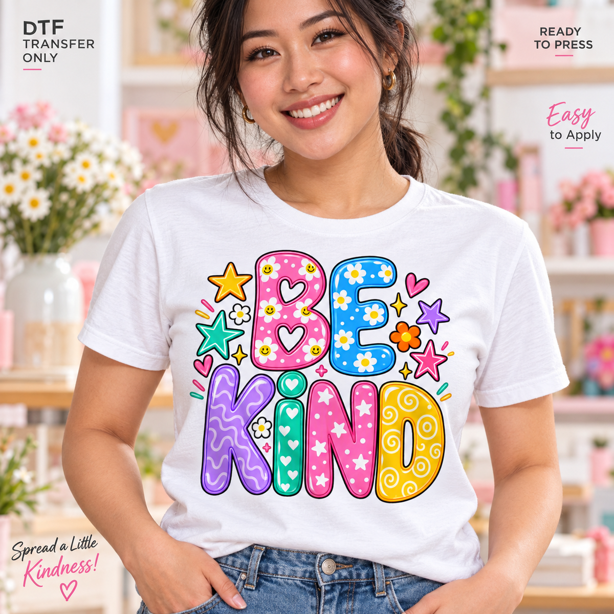 Lifestyle mockup of a woman wearing a white shirt showing Be Kind in colorful patterned letters with hearts, stars, and small flowers. DTF transfer only; shirt not included.