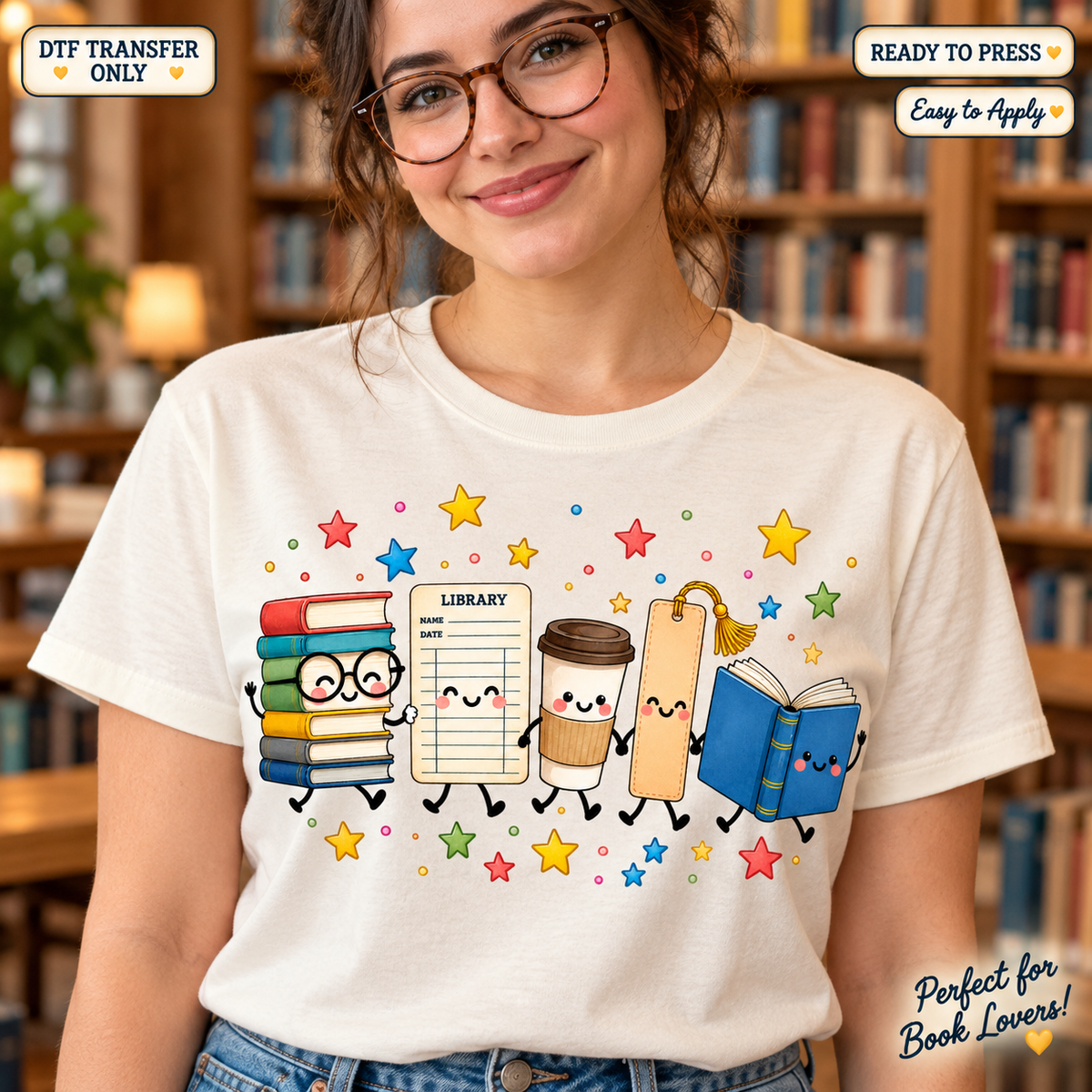 Lifestyle mockup of a woman wearing a cream shirt showing Smiling books, library card, coffee cup, and stars. DTF transfer only; shirt not included.