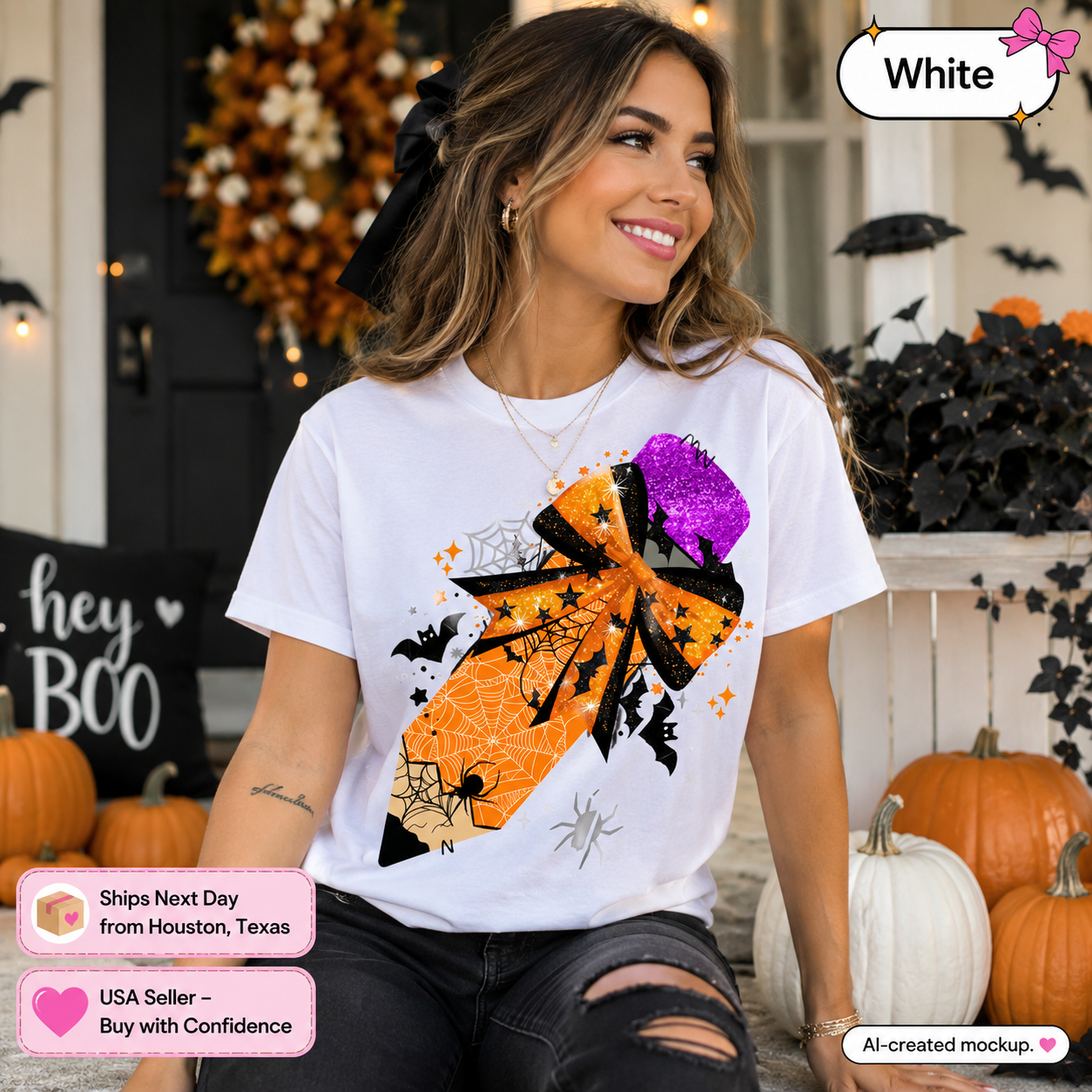 A woman wearing a white graphic t-shirt with a large orange, black, and purple bow design decorated with spiderwebs and bats. The background is a Halloween-themed porch with pumpkins, black bats, and a 'hey BOO' sign.
