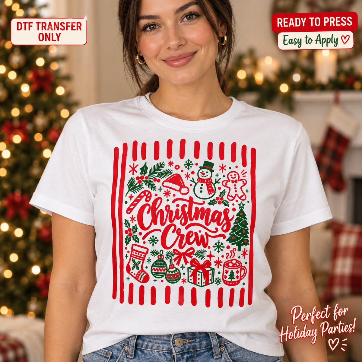 Lifestyle mockup of a woman wearing a white shirt showing Christmas Crew script with snowman, gingerbread, ornaments, gifts, and red striped border. DTF transfer only; shirt not included.