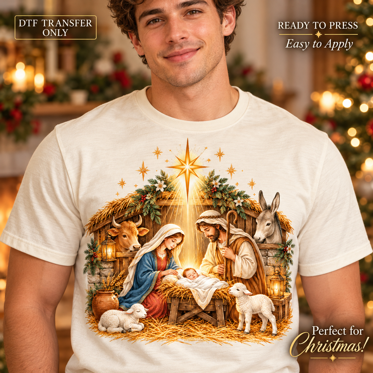 Lifestyle mockup of a man wearing a cream shirt showing Mary, Joseph, and baby Jesus in a nativity scene with animals and a shining star. DTF transfer only; shirt not included.