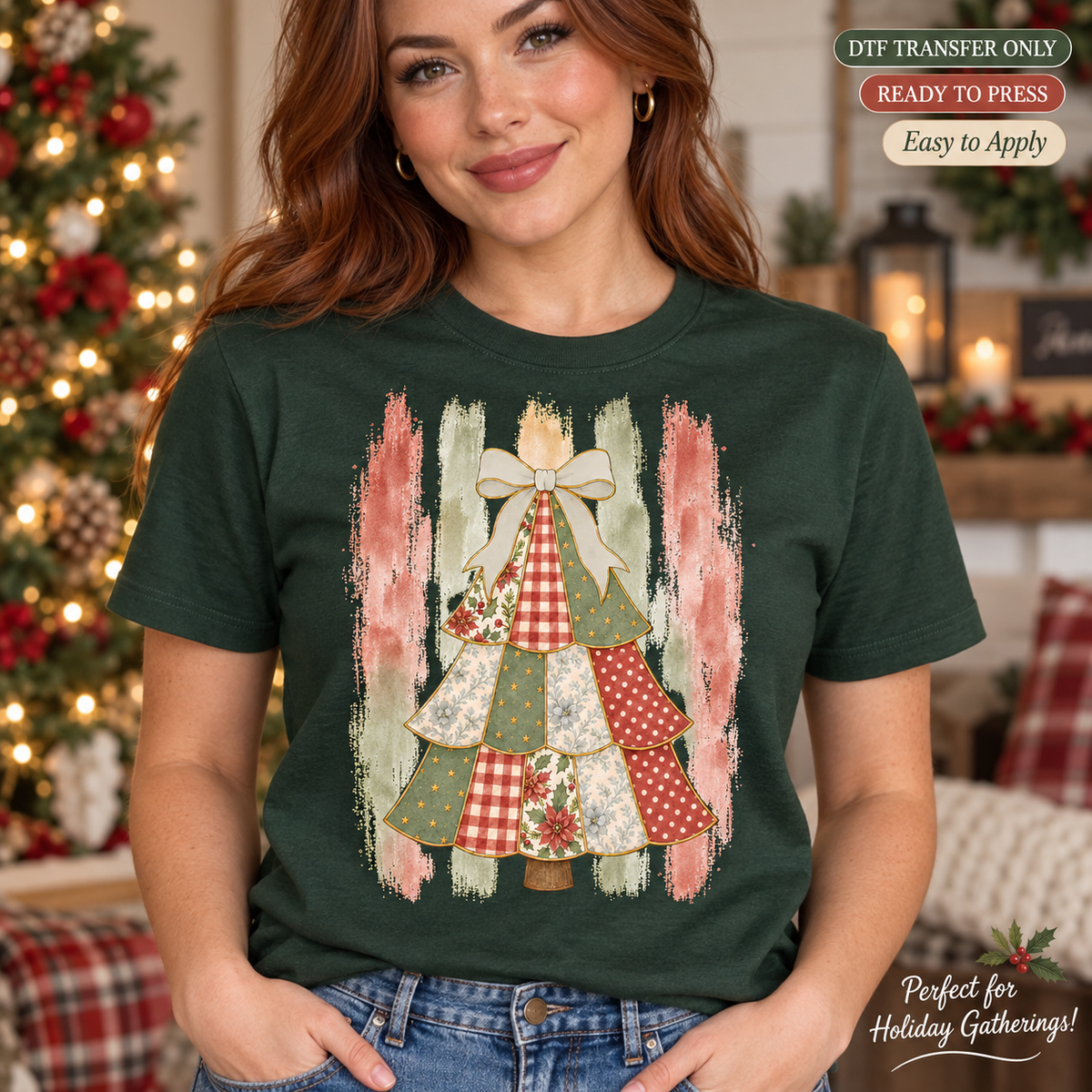 Lifestyle mockup of a woman wearing a dark green shirt showing Red and green patchwork Christmas tree with cream bow over distressed vertical color accents. DTF transfer only; shirt not included.