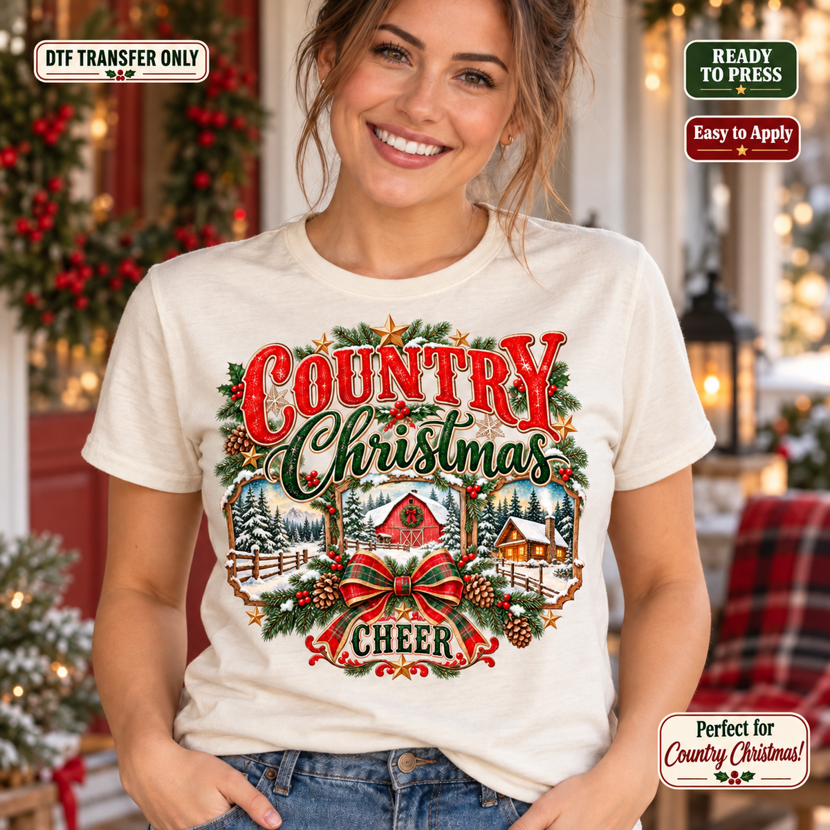 Lifestyle mockup of a woman wearing a cream shirt showing Country Christmas Cheer wording with a snowy red barn, cabin, evergreen trees, and festive bow. DTF transfer only; shirt not included.