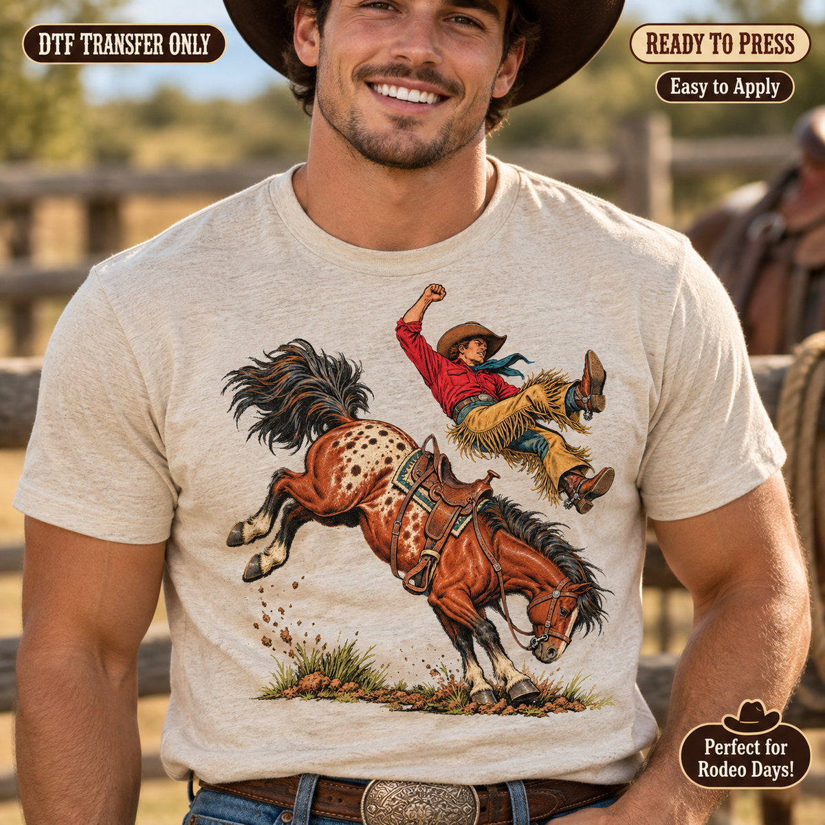 Lifestyle mockup of a man wearing a sand shirt showing Cowboy thrown above a bucking spotted horse in a western rodeo illustration. DTF transfer only; shirt not included.