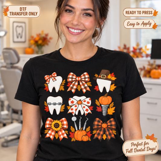 Lifestyle mockup of a woman wearing a black shirt showing Grid of tooth icons, braces, dental tools, pumpkins, and fall checked bows. DTF transfer only; shirt not included.