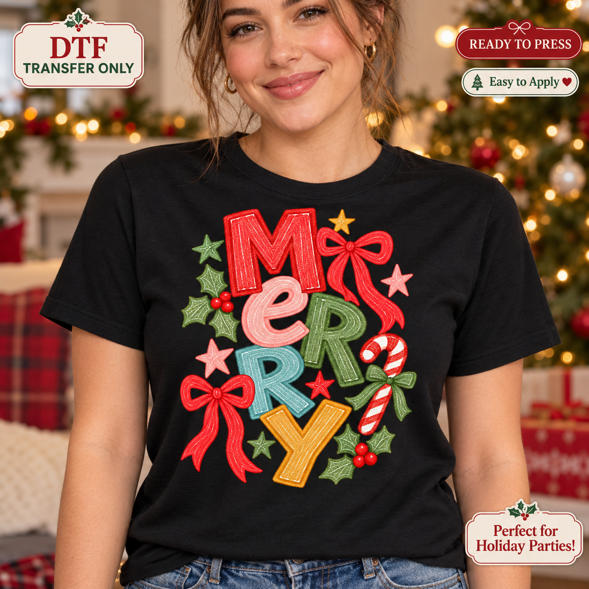 Lifestyle mockup of a woman wearing a black shirt showing Merry in red, pink, green, teal, and gold patterned letters with bows, candy cane, and holly. DTF transfer only; shirt not included.