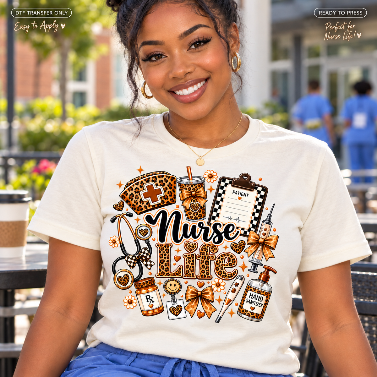 Lifestyle mockup of a woman wearing a cream shirt showing Leopard Nurse Life lettering with nurse cap, stethoscope, clipboard, cup, and medical accessories. DTF transfer only; shirt not included.