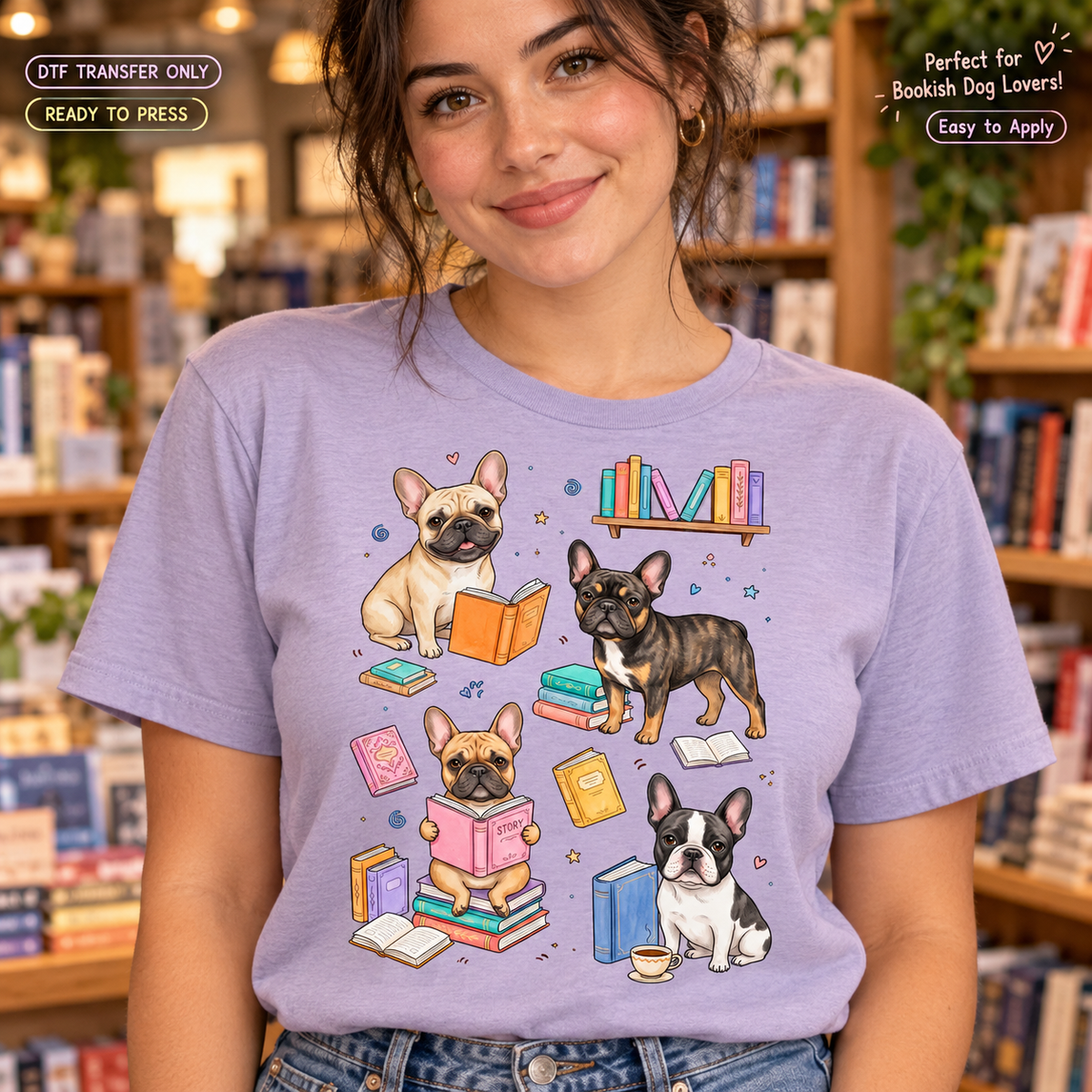 Woman in a lavender shirt displaying illustrated French bulldogs reading among colorful books in a bookstore setting.