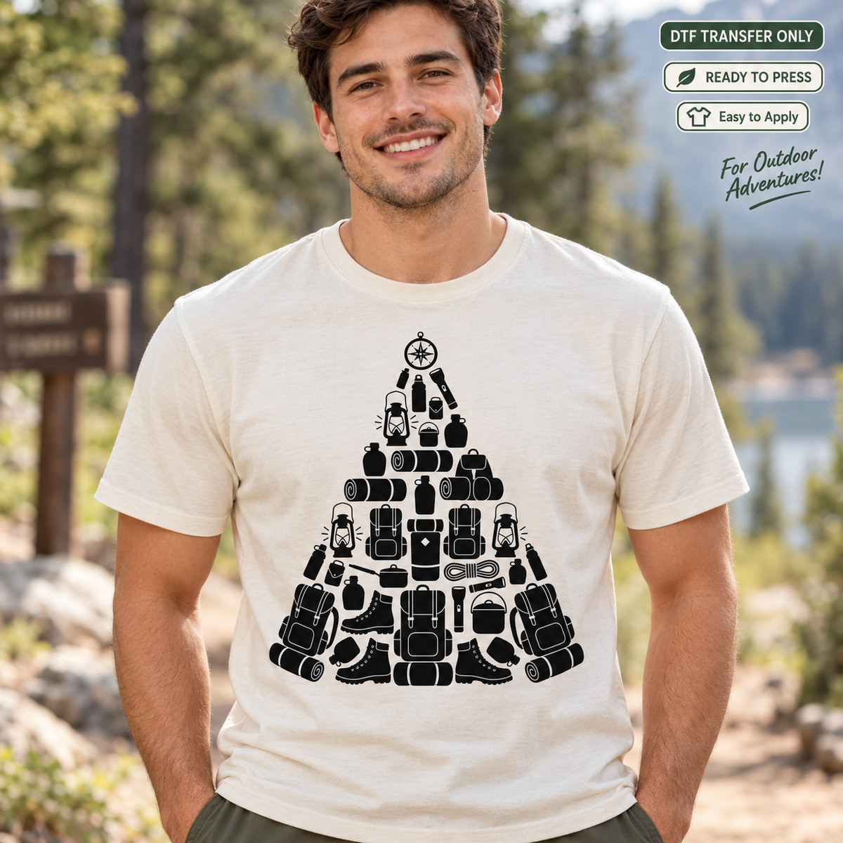 Man in a cream shirt with a black tree-shaped arrangement of camping gear, including backpacks, lanterns, boots and a compass.