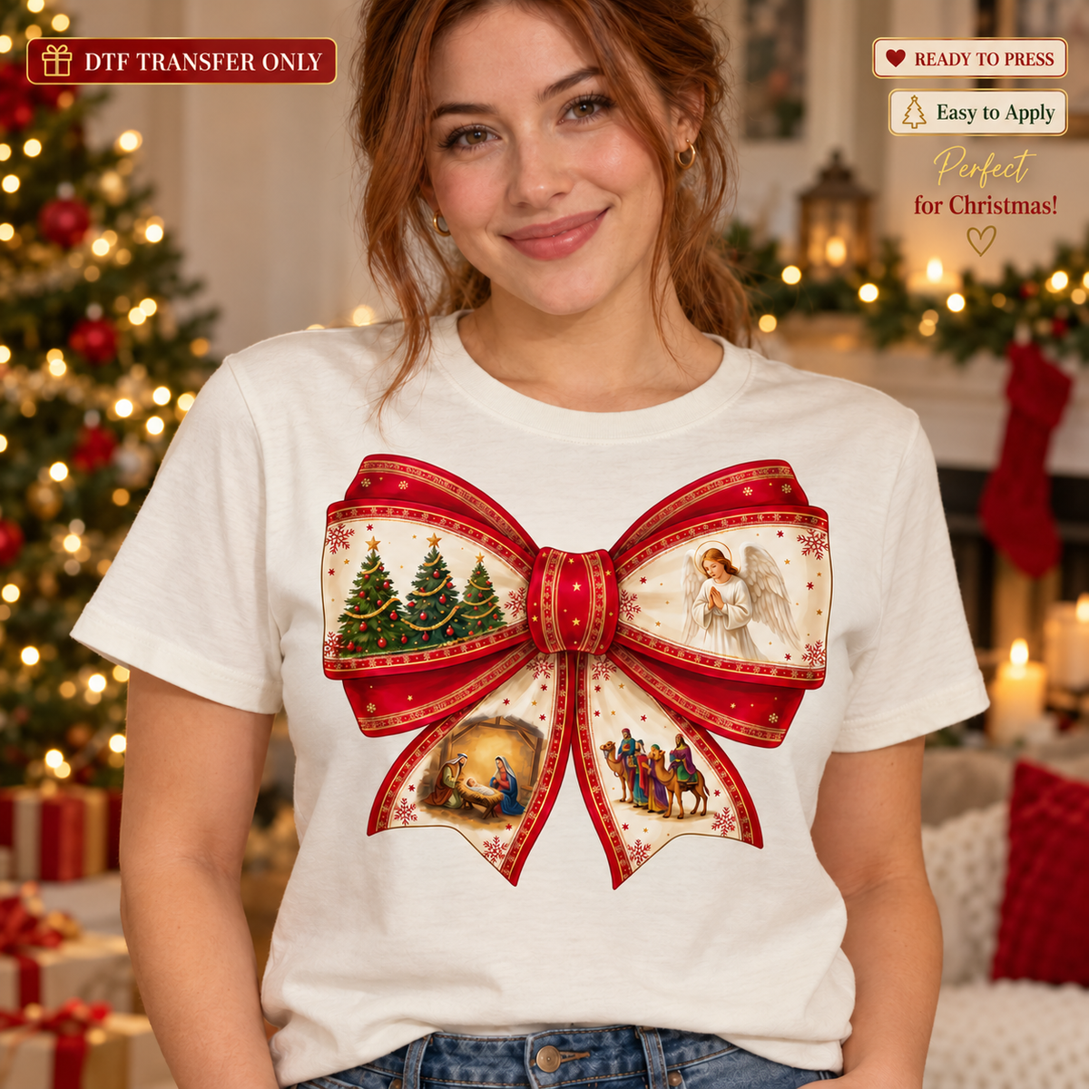 Woman wearing a cream shirt with a large red Christmas bow containing vintage-style Santa, sleigh and evergreen scenes.