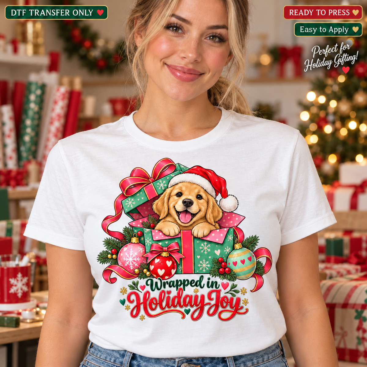Woman wearing a white shirt with a golden puppy peeking from a Christmas present and Wrapped in Holiday Joy lettering.