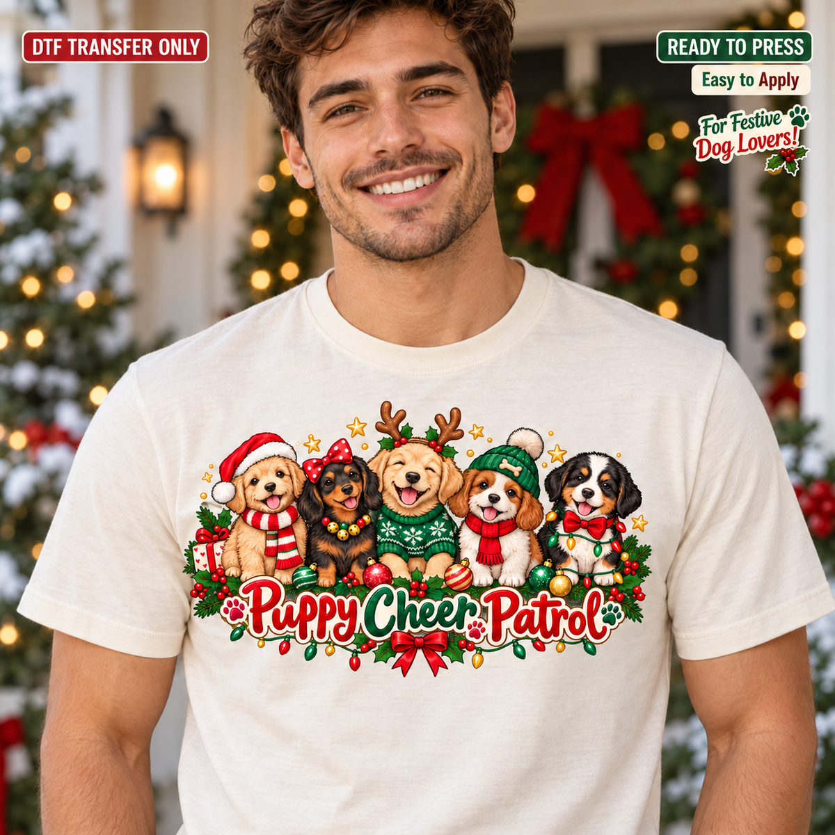 Man in a cream shirt with a row of festive puppies, Christmas gifts and Puppy Cheer Patrol lettering.