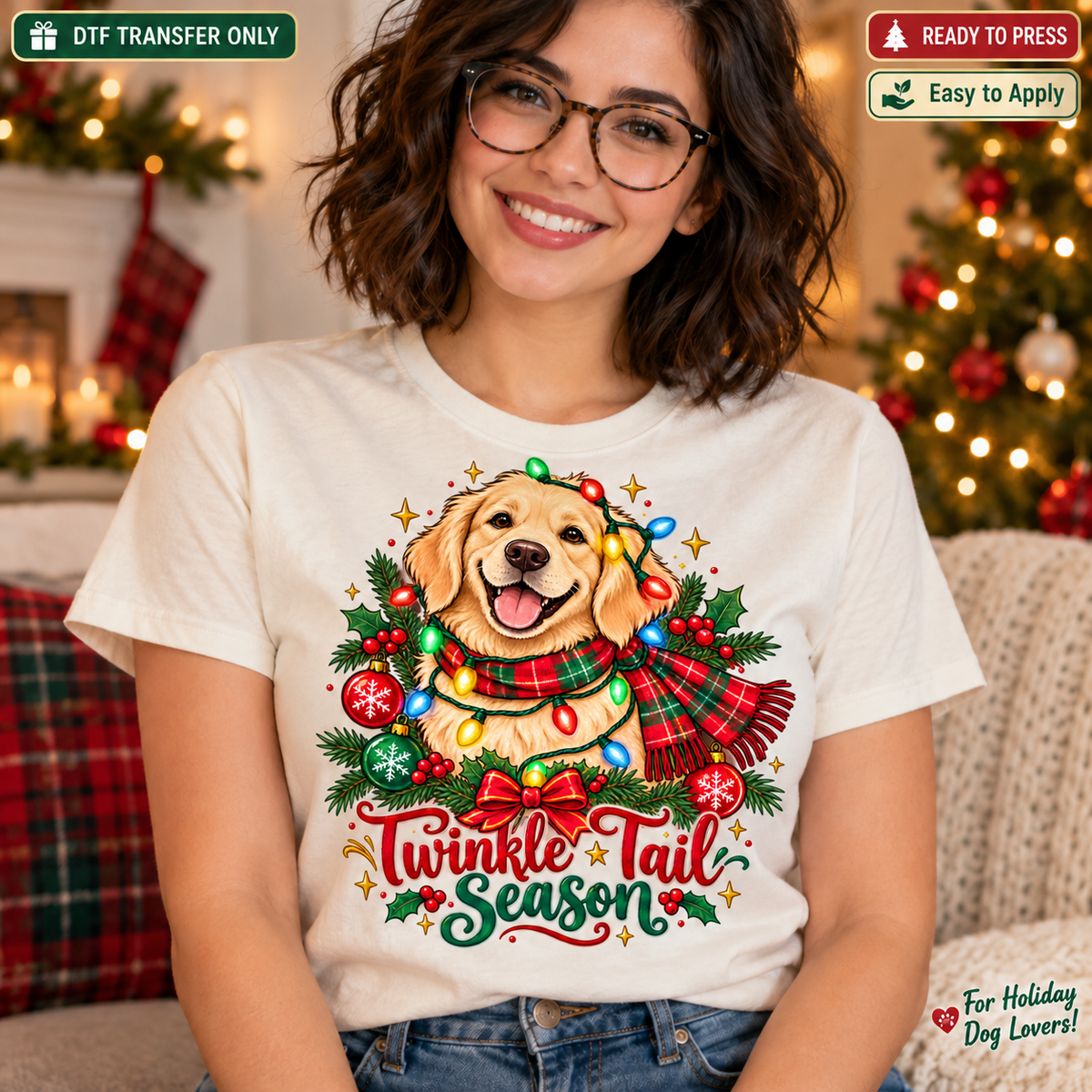 Woman in a cream shirt with a smiling golden dog wrapped in colorful Christmas lights and Twinkle Tail Season lettering.