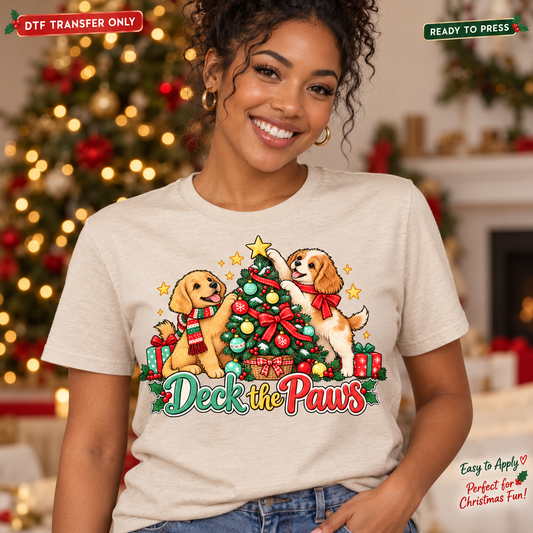 Woman wearing a cream shirt with puppies beside a decorated Christmas tree and Deck the Paws lettering.