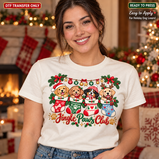 Woman in a cream shirt with puppies in festive mugs beneath a holiday garland and Jingle Paws Club lettering.