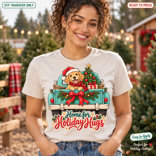 Woman wearing a cream shirt with a puppy and Christmas tree in a turquoise pickup and Home for Holiday Hugs lettering.