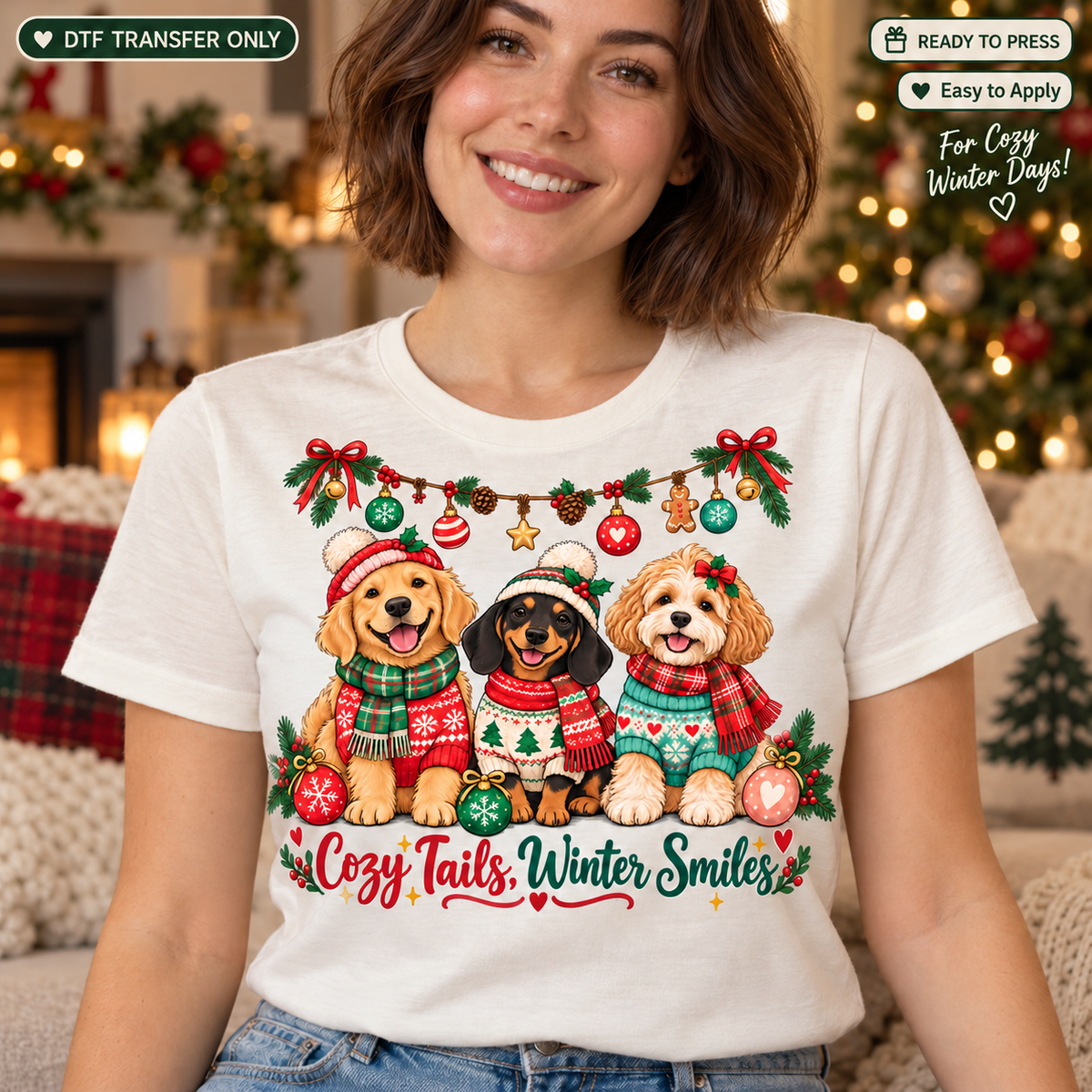 Woman in a cream shirt with three dogs in festive winter clothing, a garland and Cozy Tails Winter Smiles lettering.