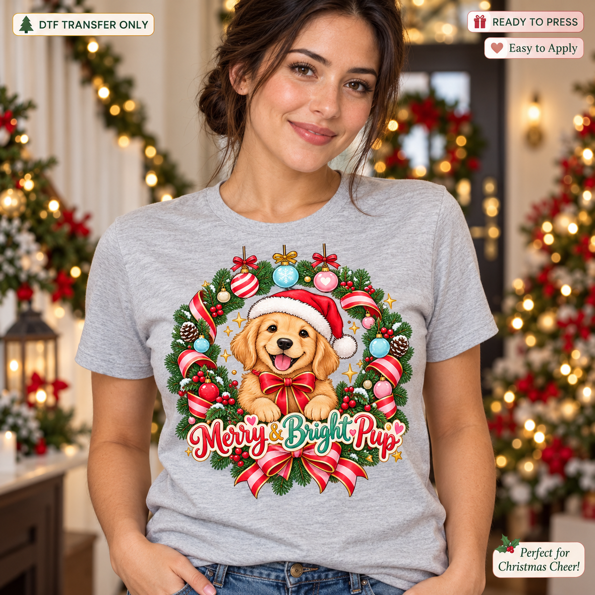 Woman in a heather gray shirt with a Santa-hat golden puppy inside a Christmas wreath and Merry and Bright Pup lettering.