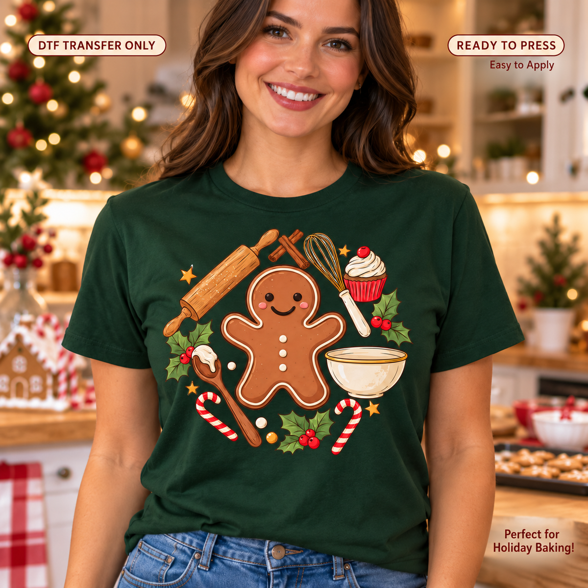 Woman wearing a dark green shirt with a gingerbread cookie, rolling pin, whisk and mixing bowl in a Christmas baking design.