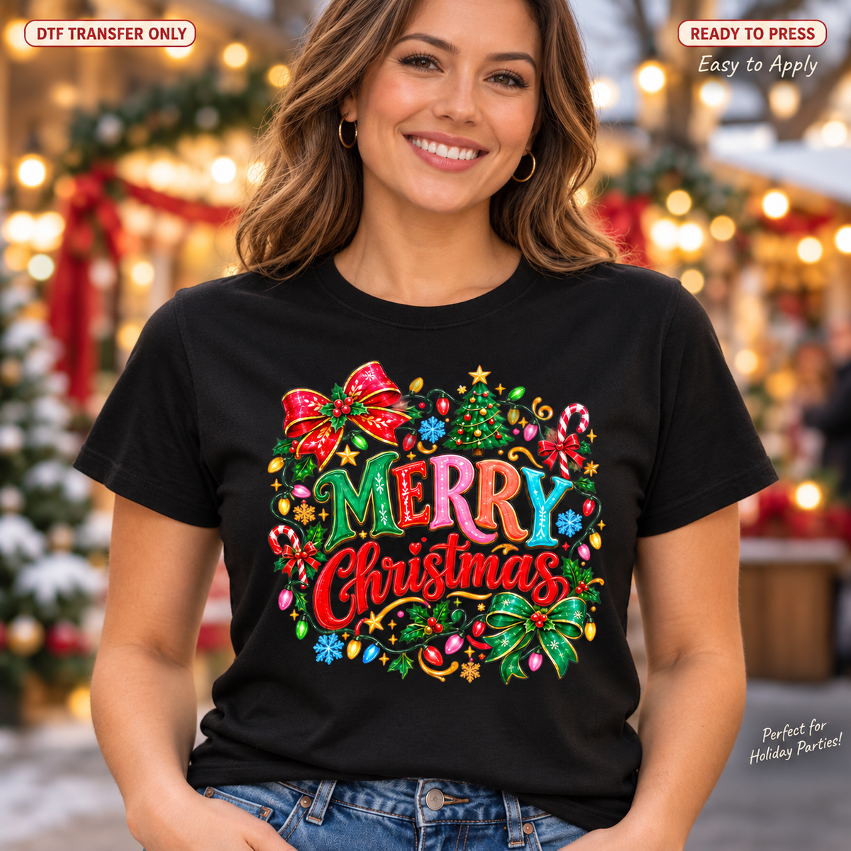 Woman wearing a black shirt with colorful Merry Christmas lettering framed by festive greenery, ornaments, a bow and candy canes.