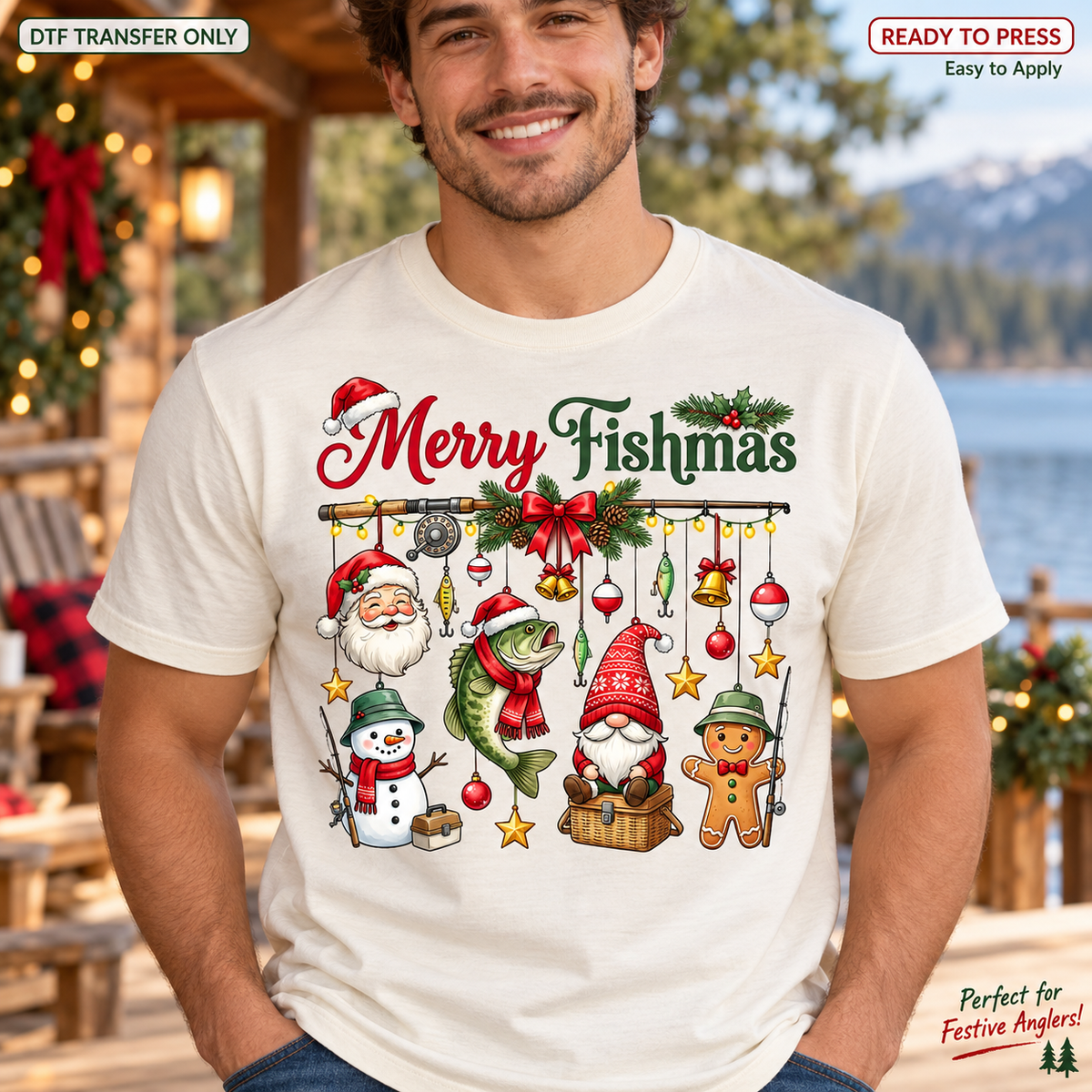 Man wearing a cream shirt with Merry Fishmas lettering above a fishing rod holding festive characters, a fish and ornaments.