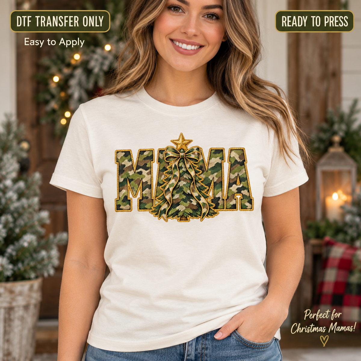 Woman wearing a cream shirt with camouflage Mama lettering and a bow-topped Christmas tree outlined in a printed gold effect.