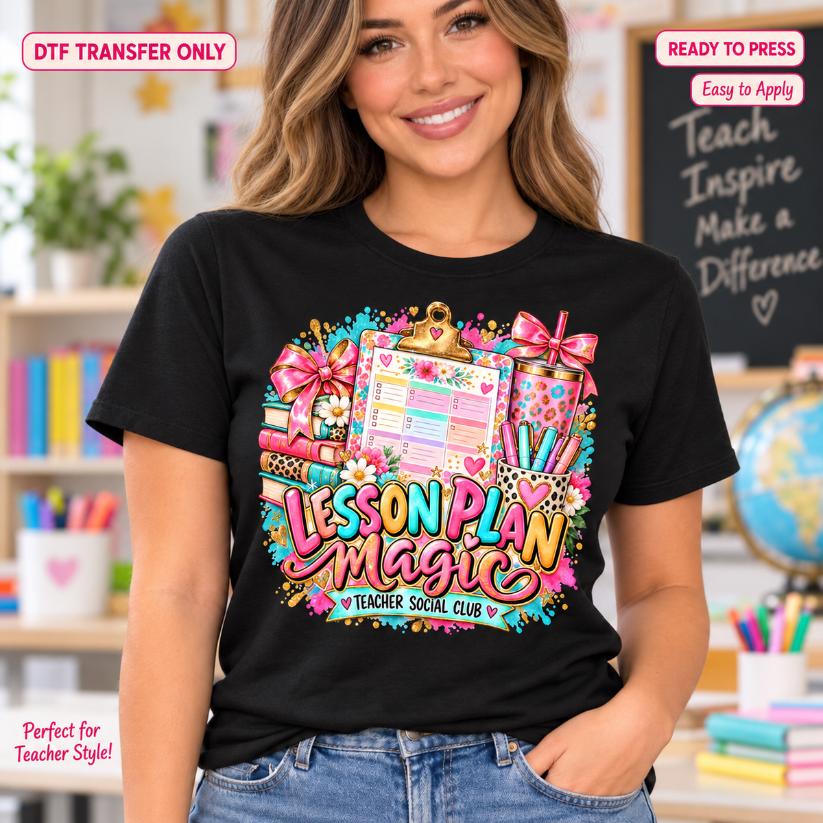 Woman in a black shirt with a colorful planner, classroom supplies and Lesson Plan Magic lettering above Teacher Social Club text.