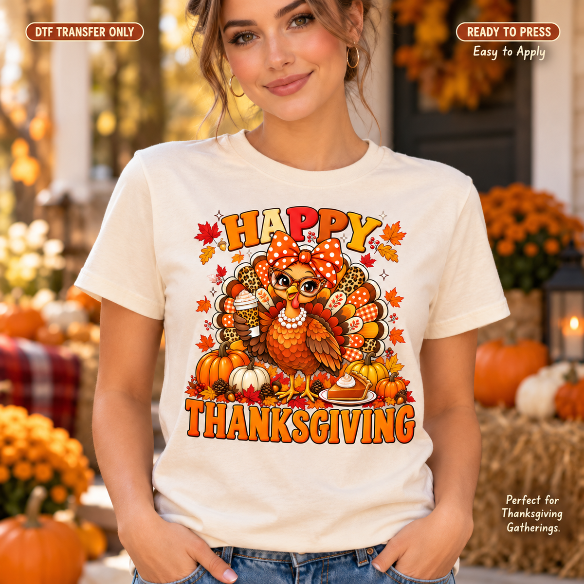 Woman wearing a cream shirt with a smiling turkey, pumpkins, autumn leaves and bold Happy Thanksgiving lettering.