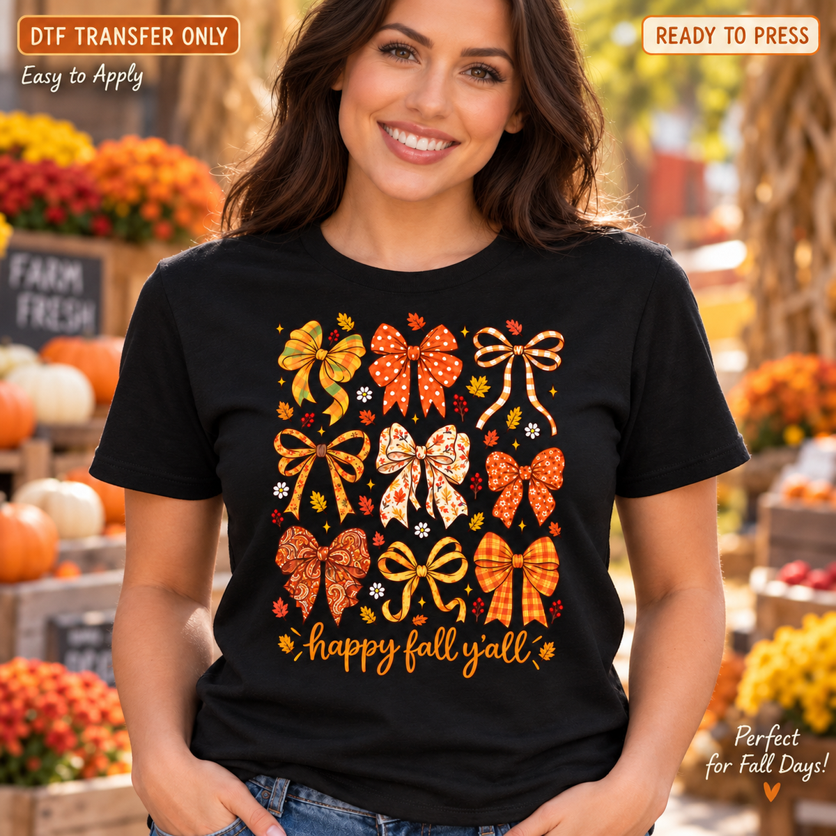 Woman in a black shirt with rows of orange, yellow and patterned autumn bows above happy fall y'all script.