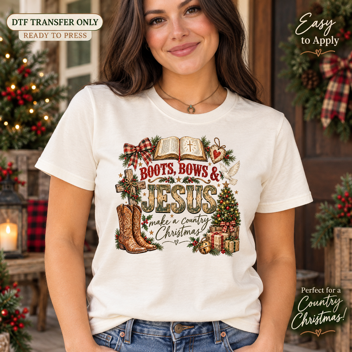 Woman wearing a white tee with Boots, Bows & Jesus Christmas artwork, cowboy boots, bows and a Christmas tree.