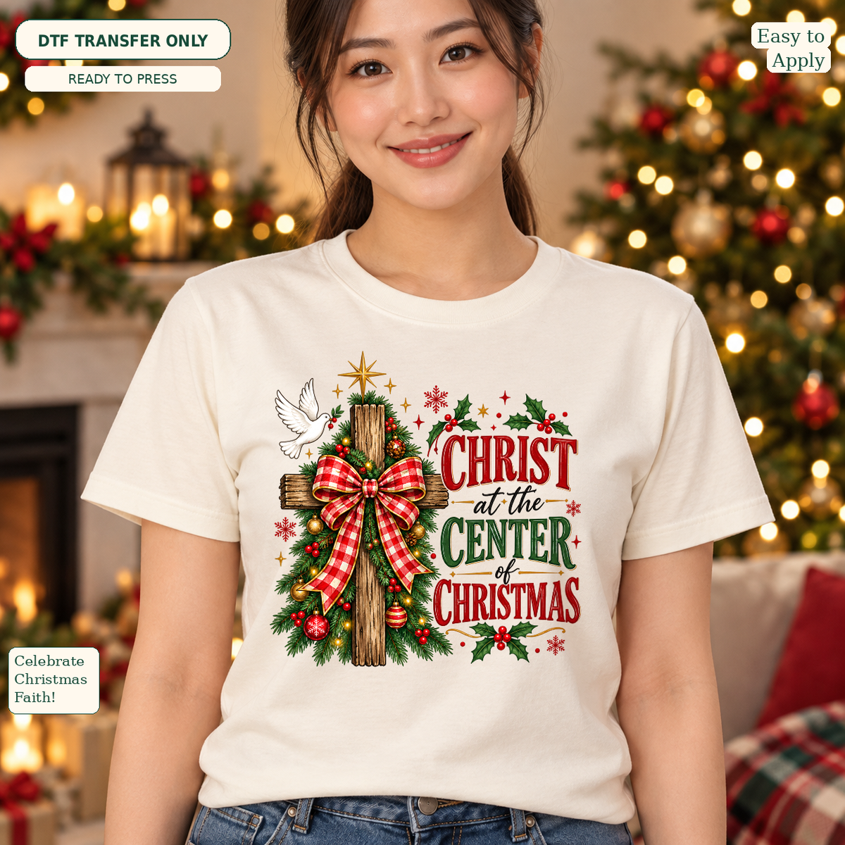Woman in a cream shirt with Christ at the Center of Christmas text and a cross decorated with greenery and a red plaid bow.