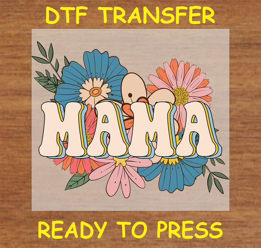 "Mama DTF Transfer with retro floral design for moms"